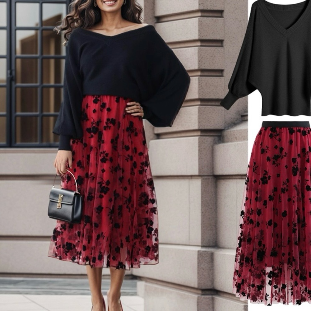 Chic Red Embellished A-Line Midi Skirt